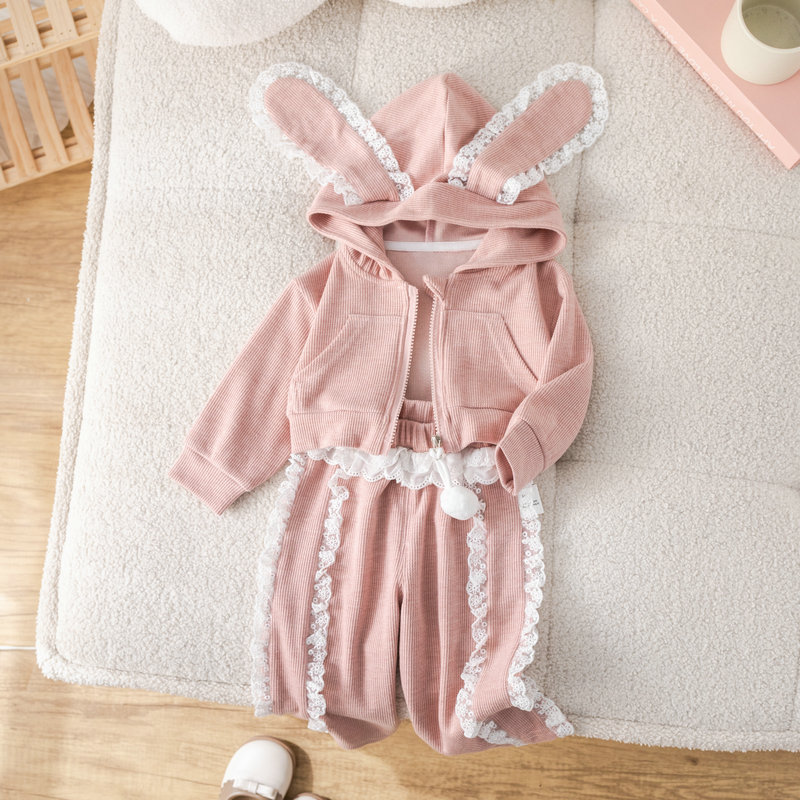 여자 세트 가을 새로운 인터넷 축하 어린 소녀 스포츠 바람 긴 귀 레이스 지퍼 코트 레이스 바지 세트