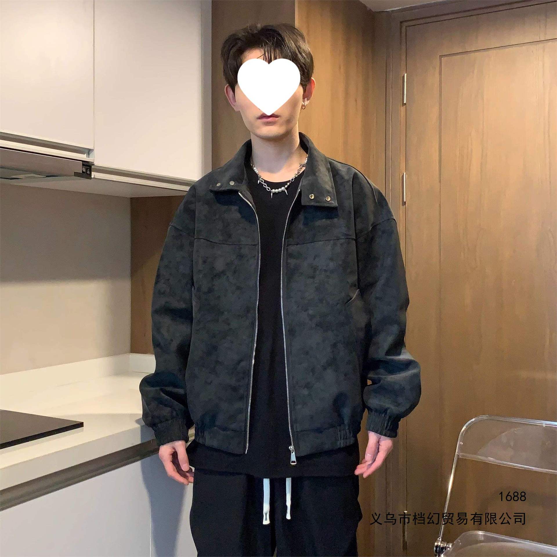 夹克外套男秋季新款扎染pu复古立领皮衣夹克痞帅宽松百搭外套Q3