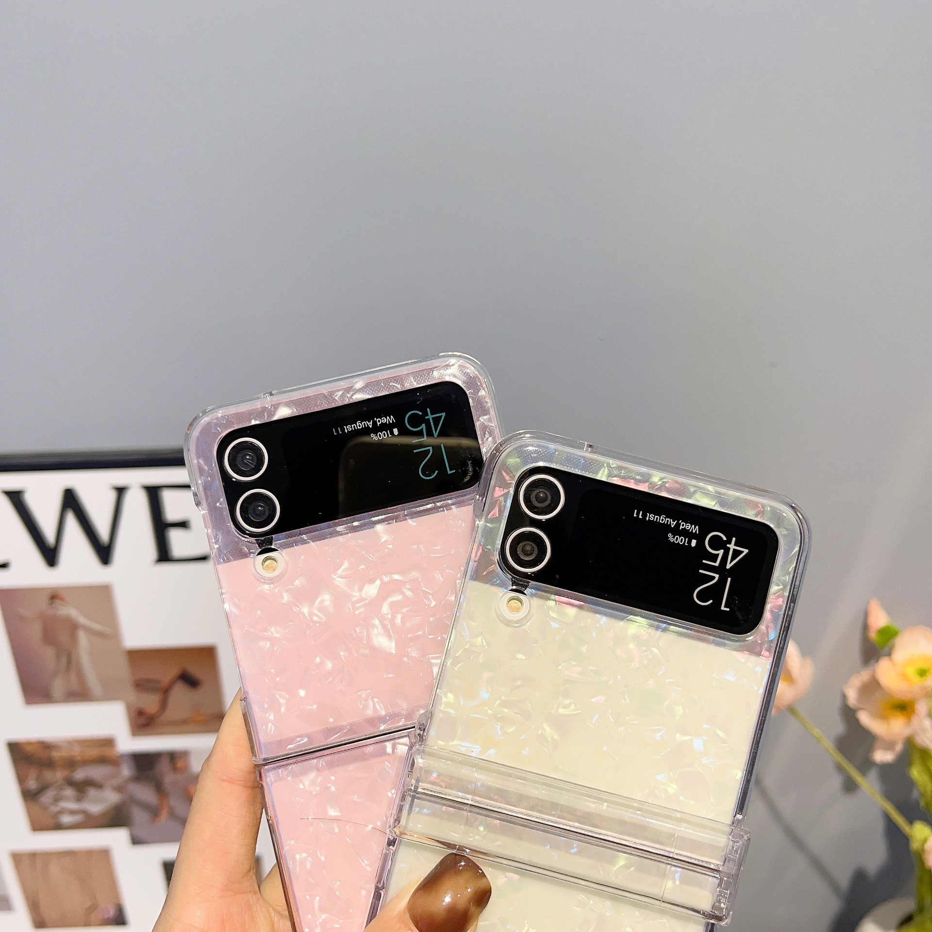 Suitable for Samsung ZFLIP 3/4/5 minimalist luxury shell pattern N2/N3FLIP transparent folding anti drop phone case_voghion.com