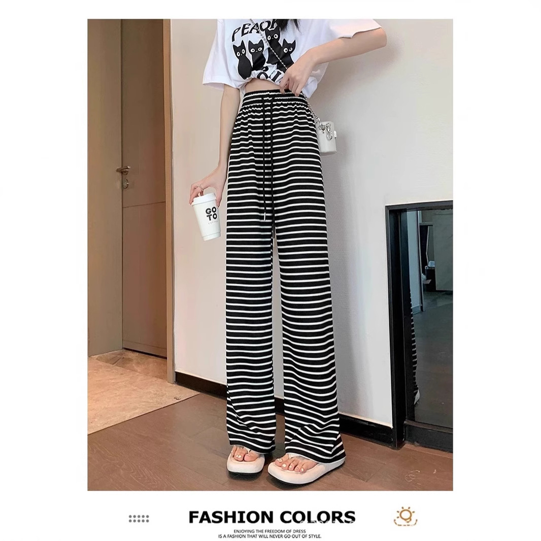 Verano femenino nuevo estilo pequeño cintura alta pantalones de rayas blancas y negras drapeado delgado pantalones de trapeador casuales rectos sueltos