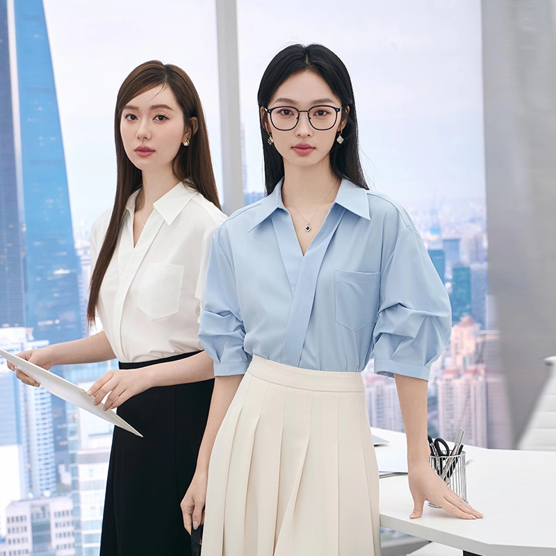 French V Neck Short-Sleeved Shirt for Women, Elegant Lapel White Shirt, Summer New Niche Design Chic Top