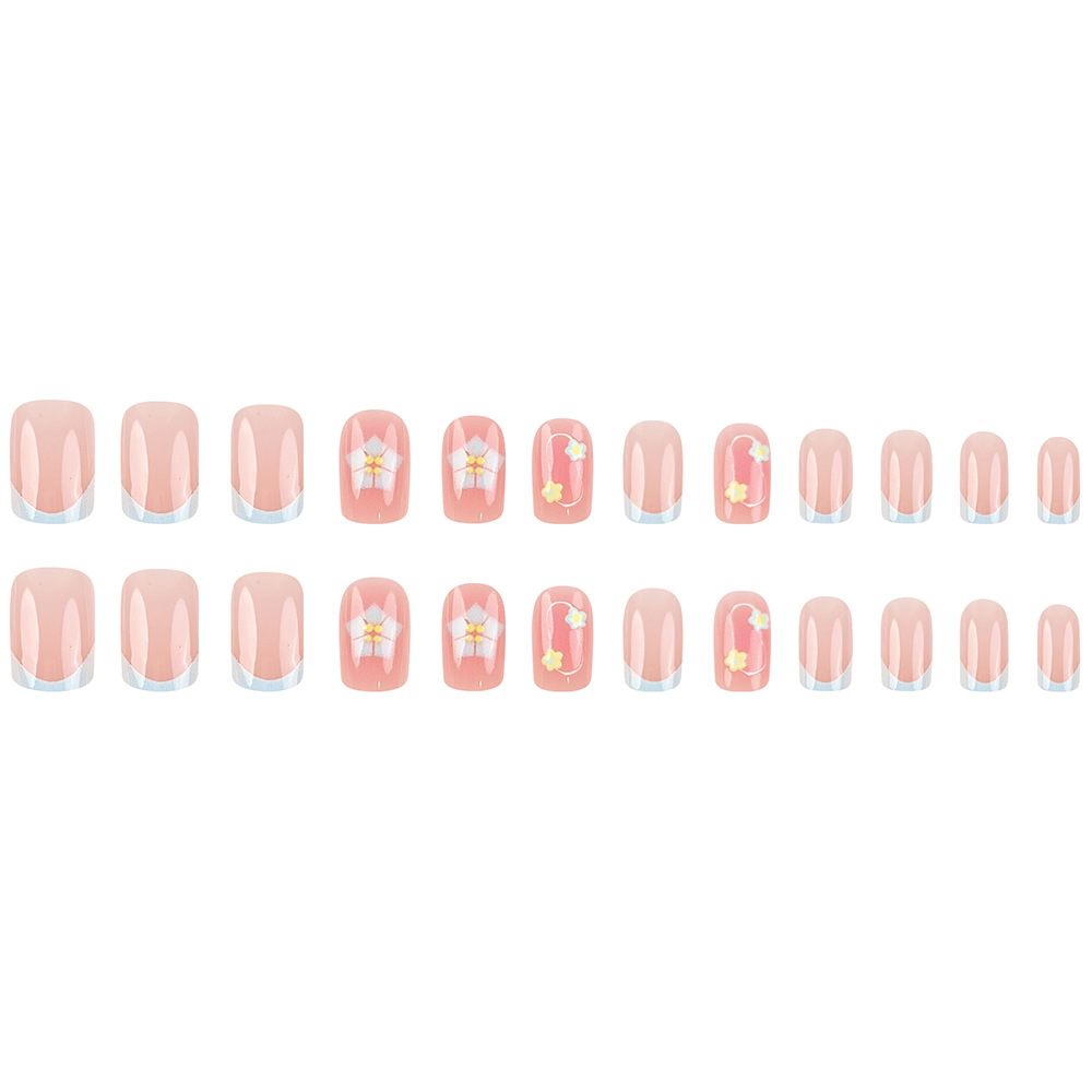 Puntas de uñas con diseño de flor de cinco pétalos con temática de gratitud, pegatinas de uñas estilo francés en azul, juego de 24 piezas de nuevas puntas de uñas reutilizables. image 6
