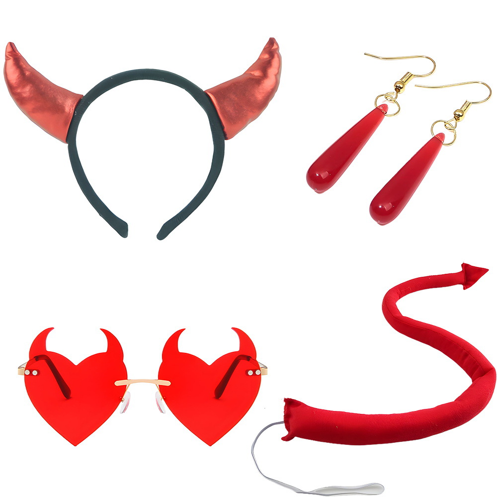 Set de Halloween para el Festival de los Fantasmas, diadema con cuernos de diablo, tridente, accesorios, alas de diablo, cola de diablo