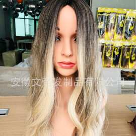 欧美外贸跨境新款大波浪假发女八字刘海黑色渐变灰长卷发化纤头套