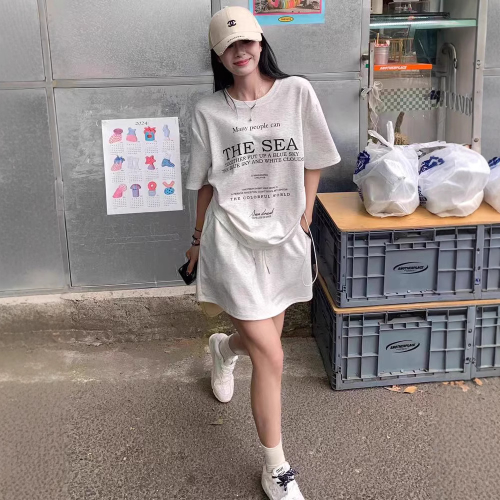 한국 스타일 캐주얼 스포츠 스타일 세트 여성 여름 느슨한 나이 감소 드로우 스트링 반팔 엉덩이 A 라인 짧은 스커트 투피스 패셔너블 세트