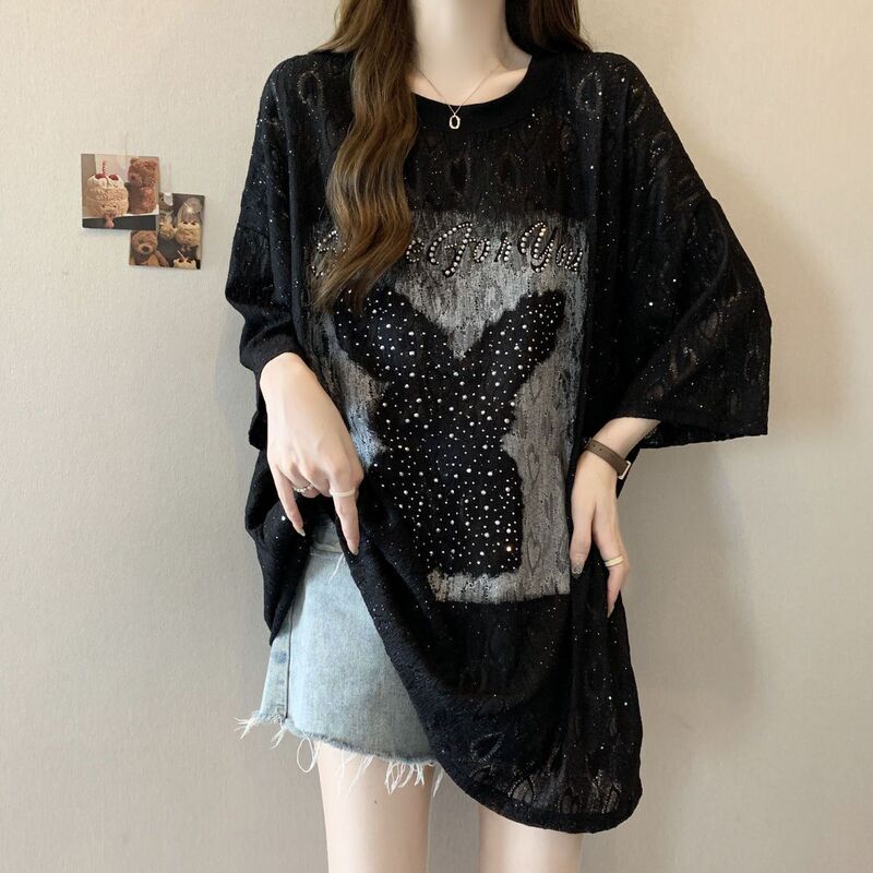 Plus-Size Heavy Beaded Shiny Short-Sleeve T-Shirt for Women, 2026 Summer New Style, Loose Fit, Slimming Lace Jacquard Top