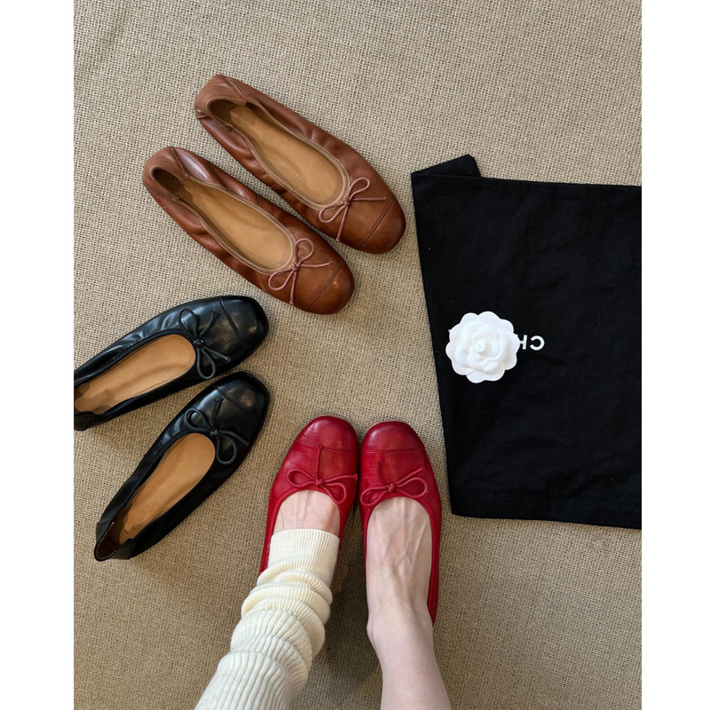 Cowhide Version~Super Soft, White-Enhancing Little Red Shoes, French Retro Mary Jane Round-Toe Shallow Flat Shoes, Women's Ballet Shoes