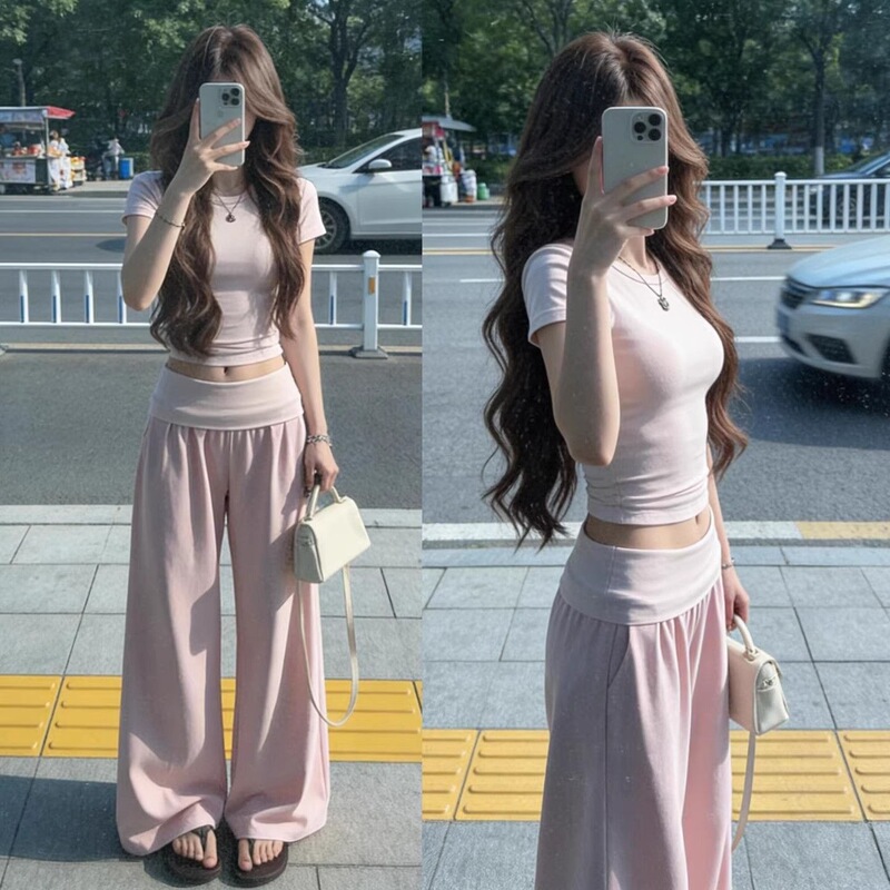 Sweet Outfit Set with Waist-Cinching Slim-Fit Short-Sleeve Crop Top for Women, Summer Drapey Casual Pants, Straight Wide-Leg Pants Two-Piece Set Sweet Outfit Set with Waist-Cinching Slim-Fit Short-Sleeve Crop Top for Women, Summer Drapey Casual Pants, Straight Wide-Leg Pants Two-Piece Set