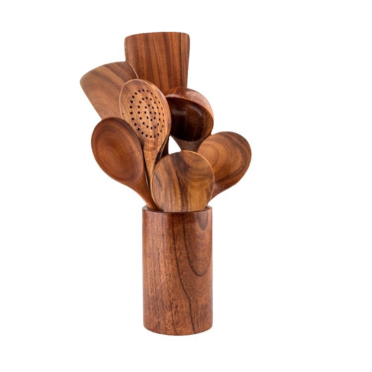 Teca madera antiadherente panela de cocina pala de madera mango largo pala de verduras hojas pequeñas acacia set de cocina herramientas de cocina