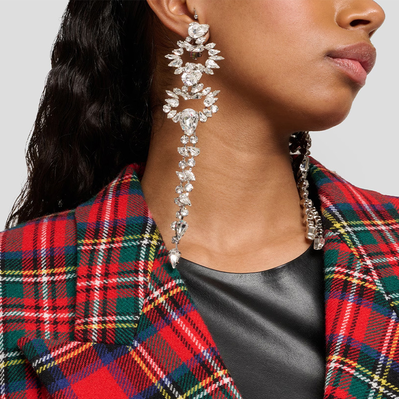 歐美誇張流蘇耳夾高級感鏤空水鑽耳墜個性舞台配飾earrings