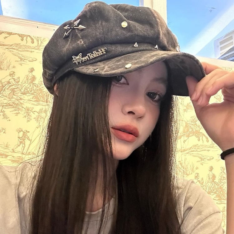 Korejska oprana beretka s zakovicama za žene, proljetna i jesenska nišna svestrana osmerokutna šešira velikog opsega glave, mala kapa s velikim opsegom lica_voghion.com