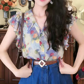 复古港风油画碎花短袖V领衬衫女夏别致独特高级感气质小飞袖上衣