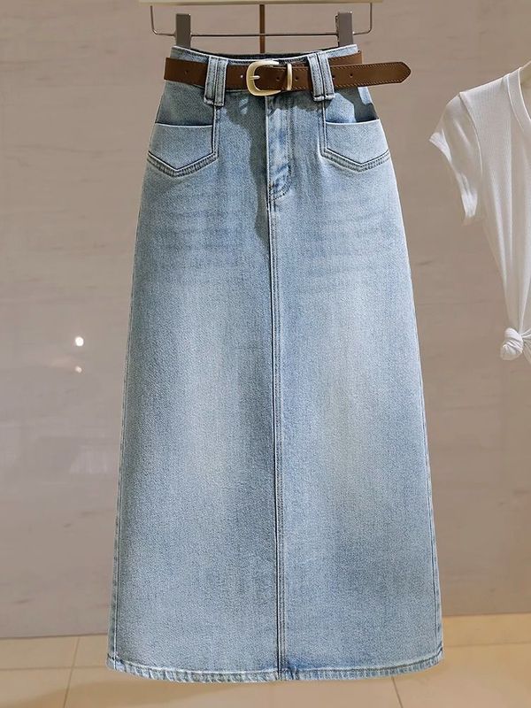 気質デニムスカート女性夏の薄いデザイン感ポケット高腰スリムスリムa字オープンフォーク中ロングスカート|undefined