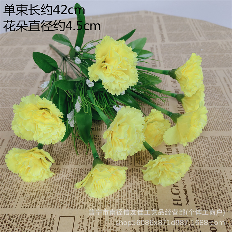 Ramo de simulación de clavel Flores falsas Flores de seda Flores secas Decoración de la sala de estar Decoración de la mesa de comedor Flores decorativas Plástico Día de la madre