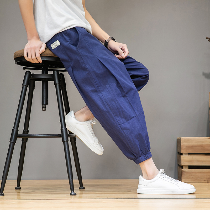 Cropped pants men's summer thin linen quick-drying sports pants cotton and linen bloomers loose plus size harem ankle-tied pants