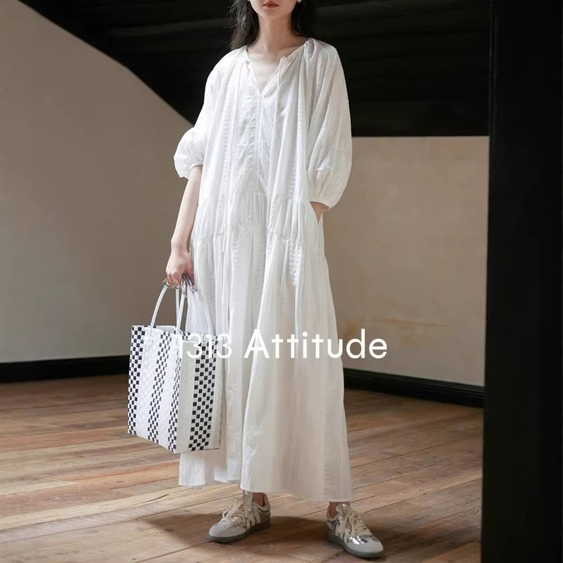 [in Stock] 1313 White Moonlight Little White Dress~Romantic French Resort Style Tie-Waist Long Dress with Textured Fabric