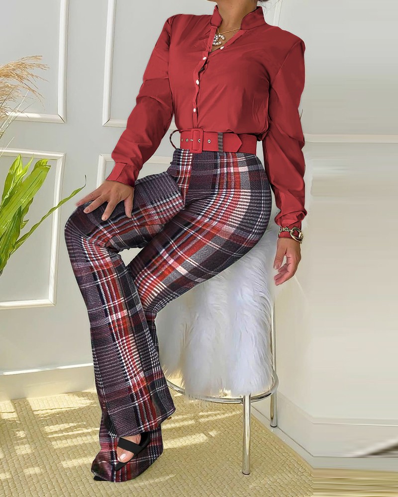 Stand-Up Collar Print Shirt & Wide-Leg Pants 2 Piece Set NSXPF103329
