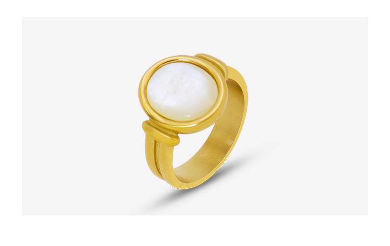 Retro Light Luxury Round White Sea Shell Charming Ring Real Gold Titanium Steel Jewelry display picture 2