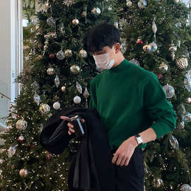 ASCLO男韩版冬季百搭复古圣诞绿毛衣圆领套头针织衫时髦潮流毛衫