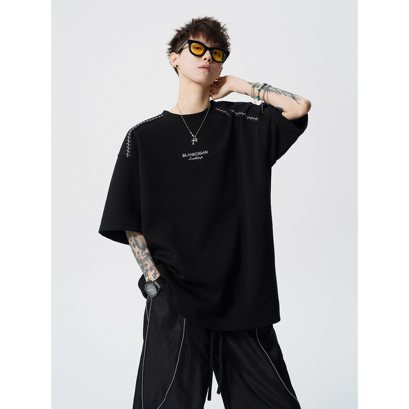 2026 Summer New Style Youth Heavyweight 260g Shoulder Embroidery Design Loose Short-Sleeved T-Shirt Men's Korean Style Top