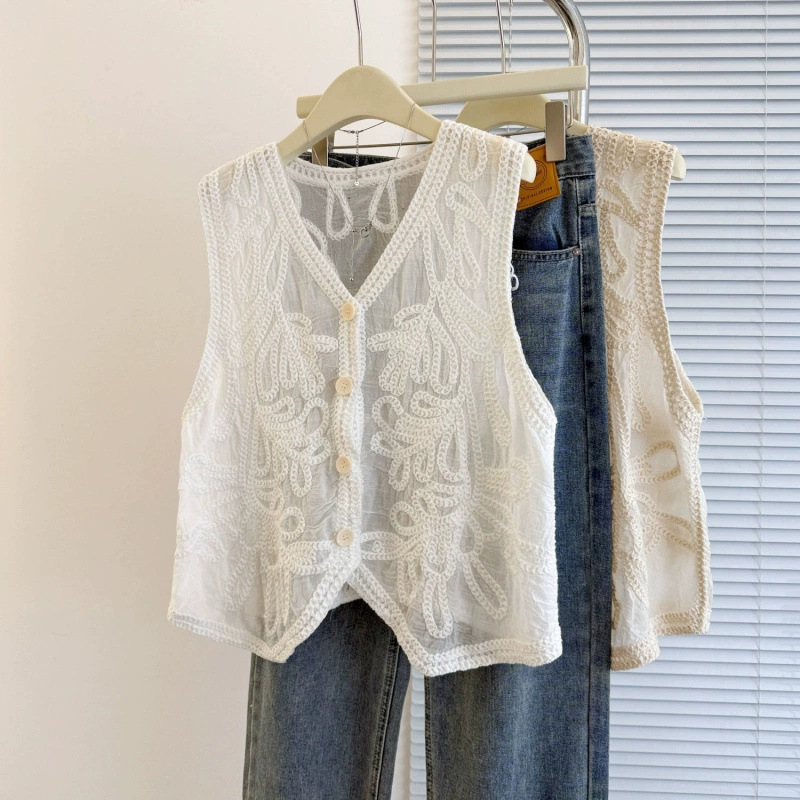 Реальный толстый MM сплошной дизайн без рукавов кардиган жилет летний новый французский полый дикий топ женский