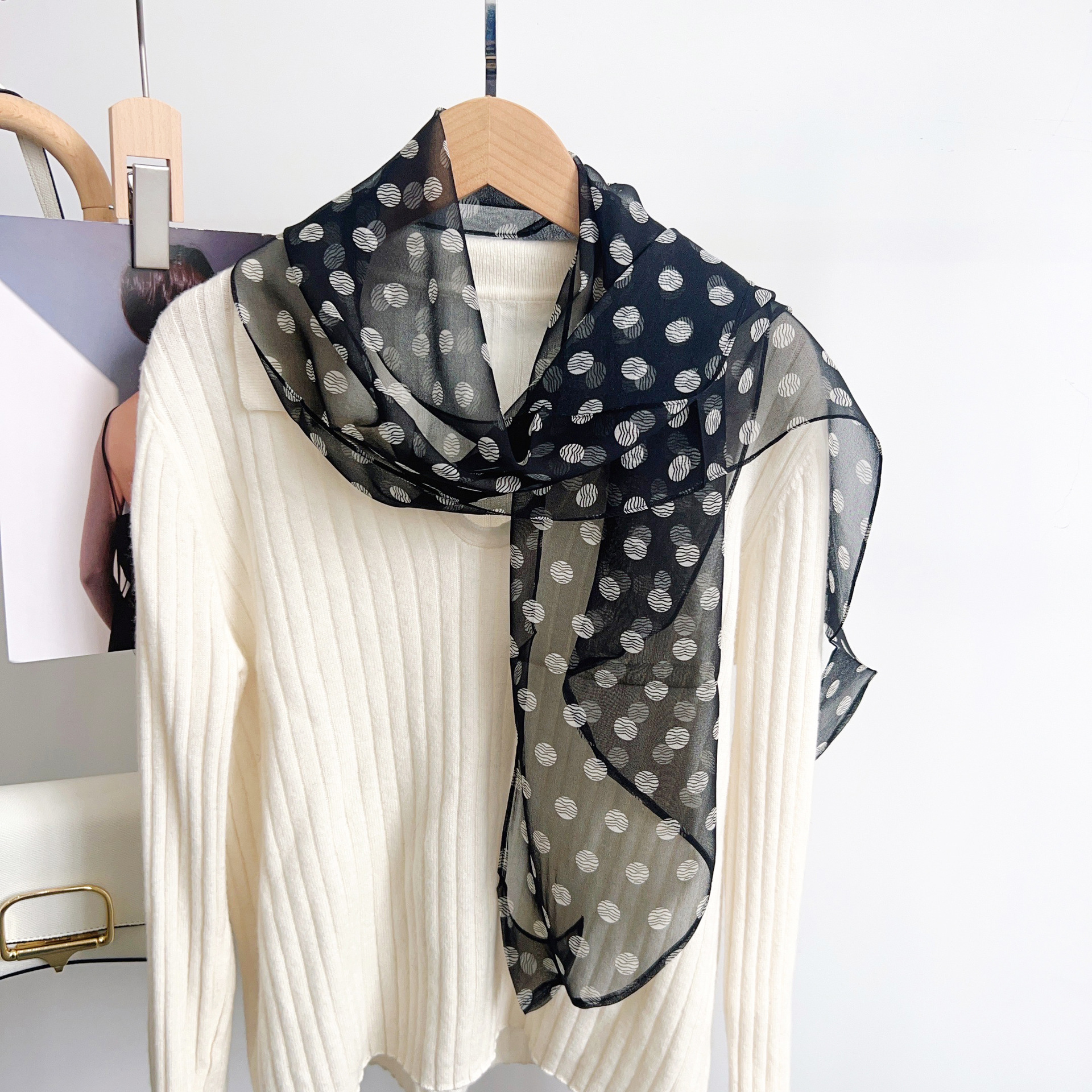 100% Mulberry Silk French Hepburn Style Black Polka Dot Long Skinny Scarf Women's Real Silk Diagonal Ribbon Thin Scarf - Thumbnail 6