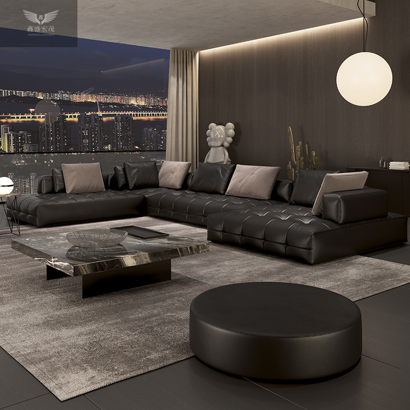 Sofá Lawrence, sala de estar de Foshan, Guangdong, Italia, apartamento grande de alta gama, nuevo sofá de cuero de esquina minimalista italiano