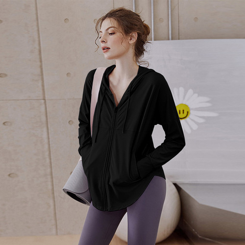 Loose yoga jacket, women's hooded zipper cardigan, thin long-sleeved sports top, sun protection clothing, slimming fitness clothing