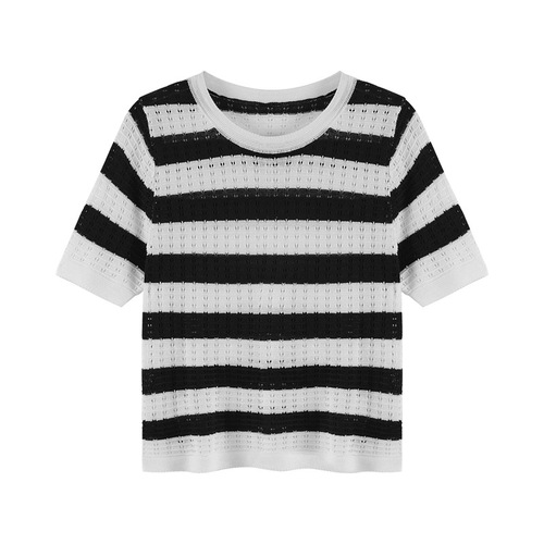 Elegant Striped Knit Short-Sleeve T-Shirt for Women - 3 Summer Regular Shoulder Unique and Distinctive Short-Sleeve Top for Petite Women