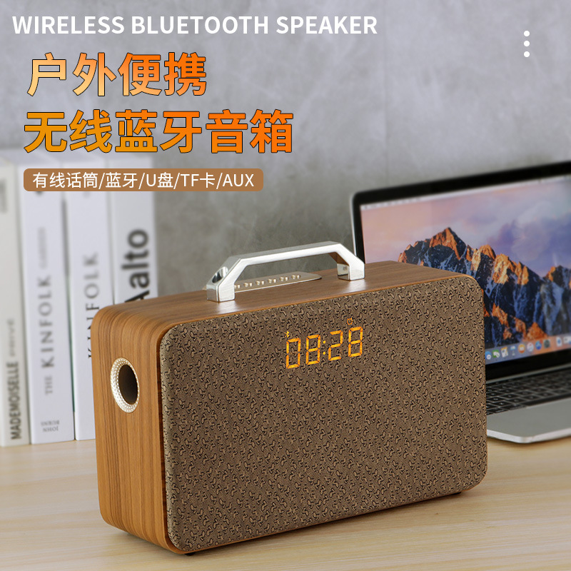 휴대용 나무 블루투스 스피커, 야외 노래방, 고출력 오디오, 휴대폰 USB 플래시 드라이브, TF 카드, 마이크, 서브우퍼