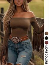 G 40214 Western Fringe Off Shoulder T-Shirt ���K¶������