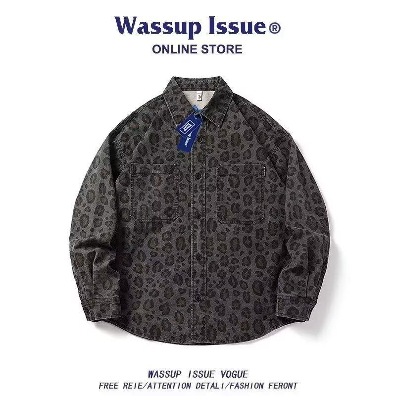 2025 American Trendy Brand Leopard Print Lapel Shirt Men's Long-Sleeved Autum New Retro Loose Casual Shirt Jacket