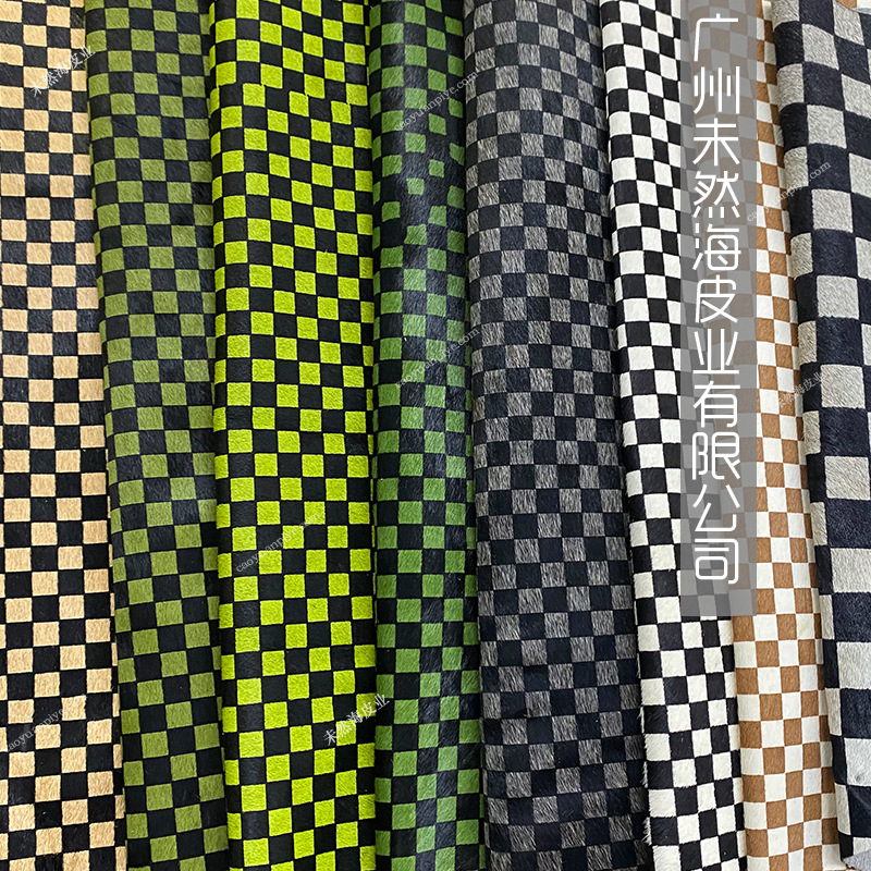 绿色棋盘格牛毛印花真皮箱包鞋面用马毛印花皮