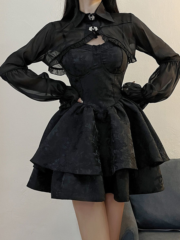 纯欲风辣妹套装女春秋季短款防晒坎肩外套收腰吊带蓬蓬裙子两件套|undefined