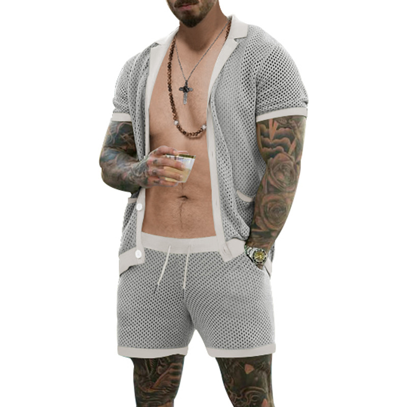 2024 Amazon traje de pantalones cortos de manga corta para hombre rebeca de solapa de tela de agujero frío traje de dos piezas de verano para hombre