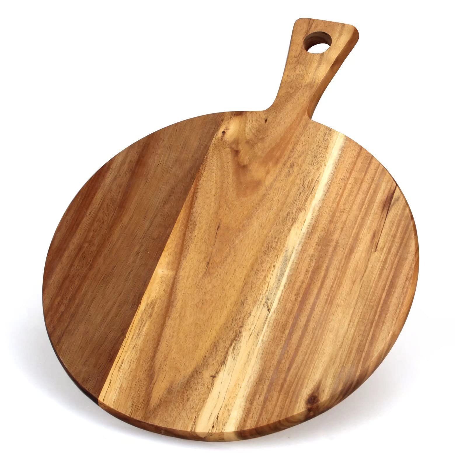 Amazon simple estilo occidental Acacia madera placa de cocina soporta impresión LOGO mango redondo engrosado tablero de corte filete