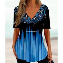 工厂直销复古女民族几何彩绘3D印花T恤女夏季休闲短袖V领女式上衣