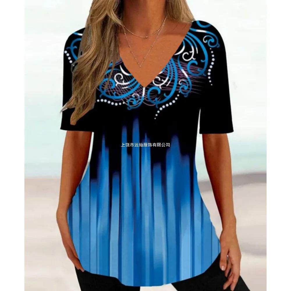 工厂直销复古女民族几何彩绘3D印花T恤女夏季休闲短袖V领女式上衣