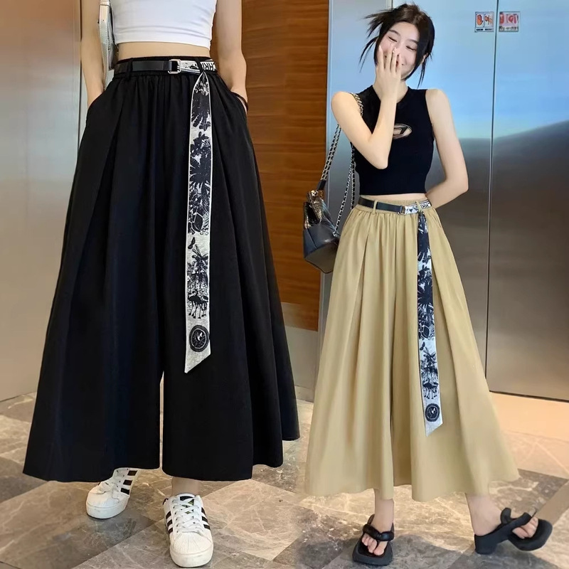 Plus-Size Thin Wide-Leg Pants, Ice Silk Mid-Length Skirt Pants for Women, New Summer 2026 Style, Loose-Fitting Cropped Pants