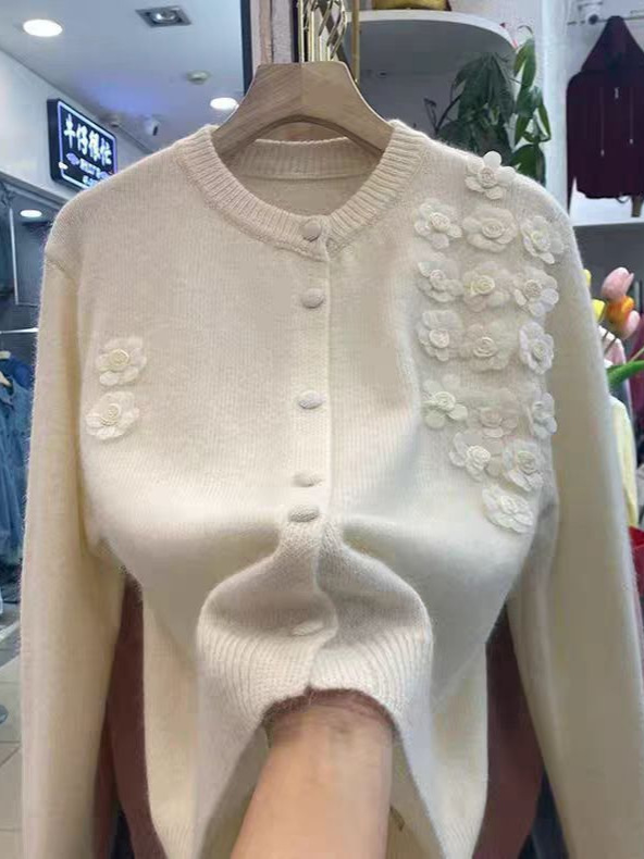 2026 otoño nuevo cuello redondo ropa de mujer flor tridimensional jersey de punto suéter abrigo de otoño superior image 7