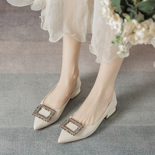 一件代發惠州女鞋韓版尖頭真皮軟底粗跟矮跟鞋女低跟兩穿外貿單鞋