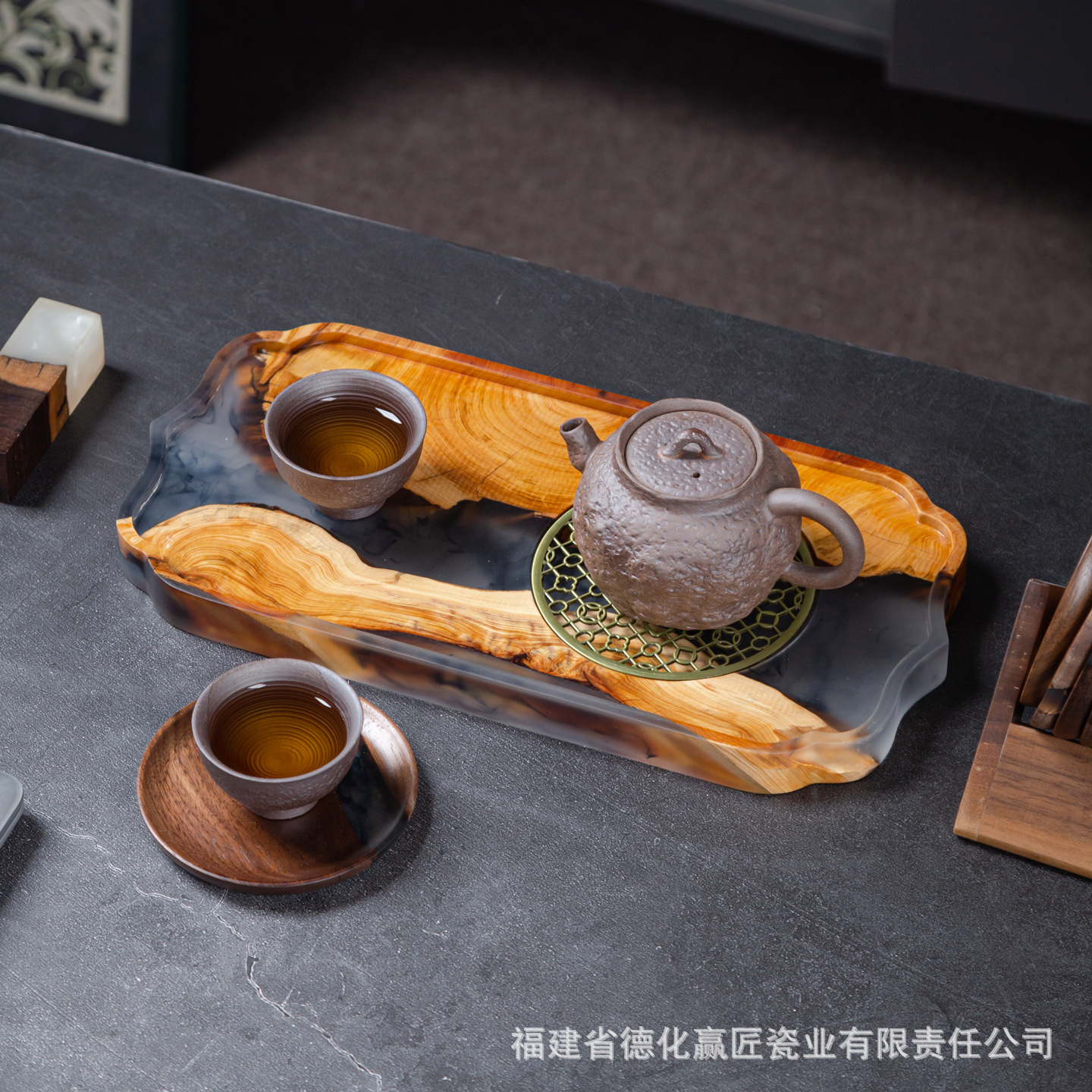 Transfronterizos exclusivos para resina de nuez río bandeja de té ligera de lujo madera sólida secos tabla de infusión kung fu bandeja de té al por mayor