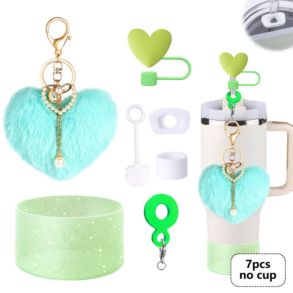 7pcs taza Stanley cuerda de mano colgante de silicona flor tapa de pajita bola de felpa colgante de copa cadena de taza de color