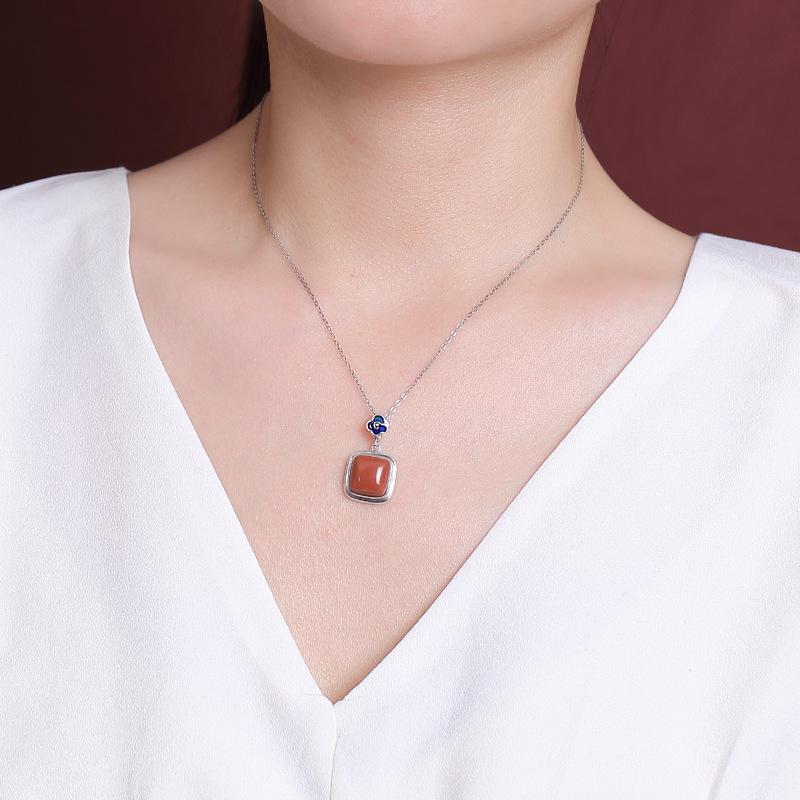 Mặt dây chuyền bạc S925 hình vuông phong cách Trung Quốc đơn giản — Mặt dây chuyền đơn (không có dây chuyền)