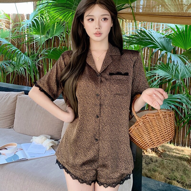 Cross-Border Sexy Leopard Print Ice Silk Pajamas for Women, Summer Short-Sleeved Shorts, Home Wear, Lace Trim, High-End Feel, Can Be Worn Outside, Set