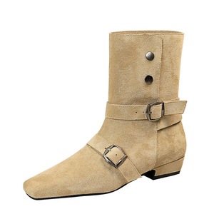 8628-1 Western Short Boots Retro Square Head Belt Buckle Thick Heel Suede Folding Two Wear Thin Single Boots Middle Boot
