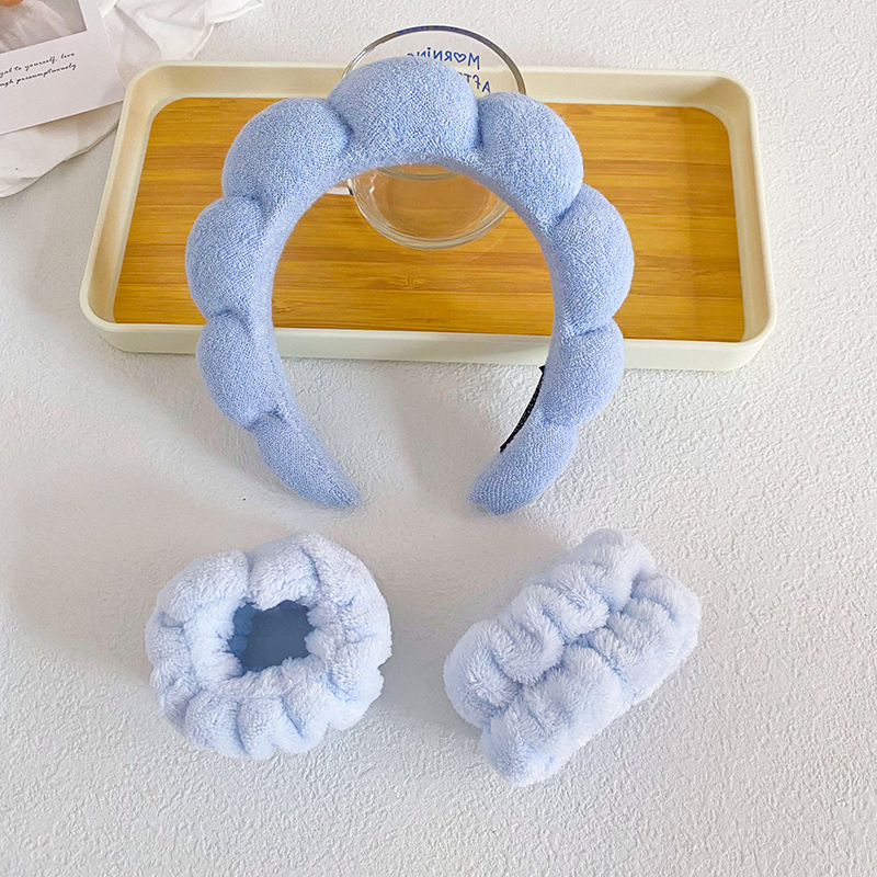 (기계 재봉) 트위스트 헤어밴드 1 + 손목 2-파란색 (다른 재료로 인해 약간 색이 있음)