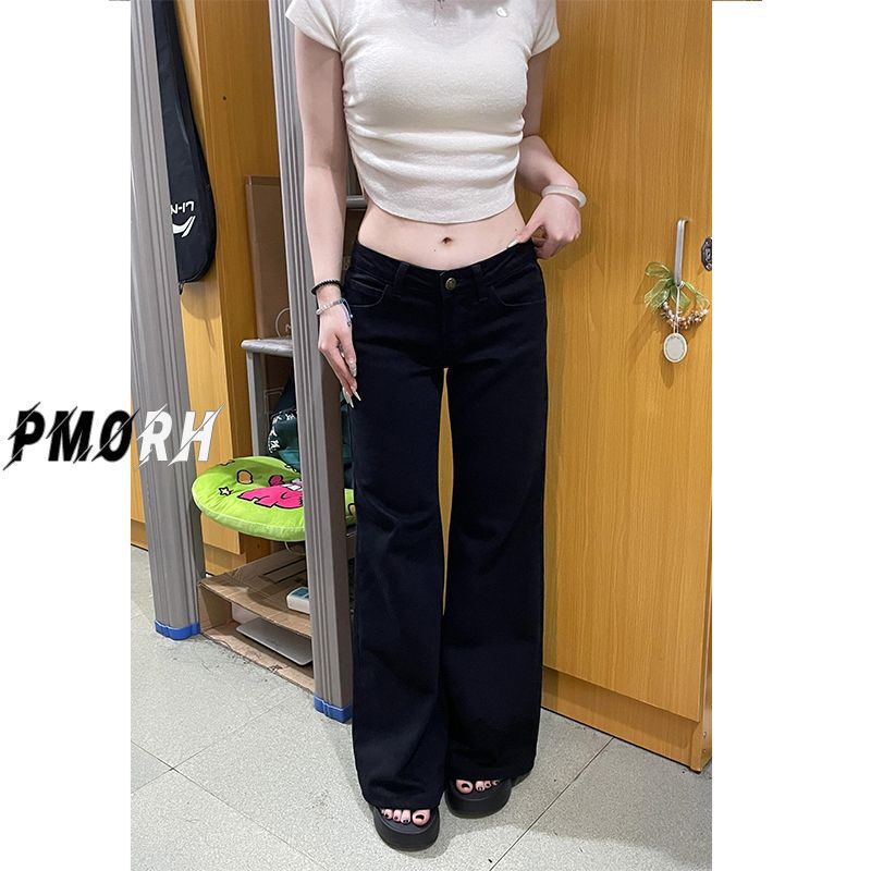 American-Style Low-Waist Slim-Fit Jeans for Women, Early Spring, Black Washed, Simple Design, Slightly Flared, Casual, Drapey Long Pants