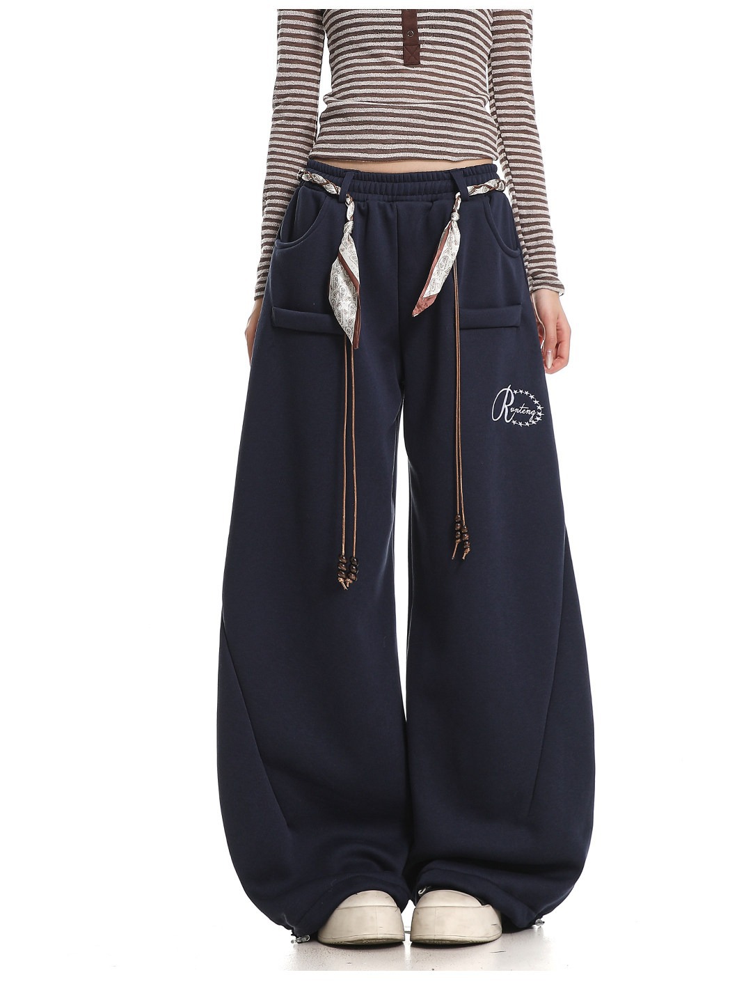 American Street Style Silk Scarf Tie Draped Wide-Leg Pants for Women, Versatile, Slimming, Loose, Fashionable Pants for Spring and Autumn
