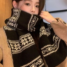 费尔岛风黑色高级感围巾女冬2025新款双面提花保暖学生围脖氛围感